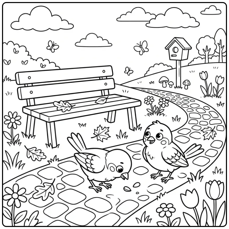 Schattige kleurplaat mus op een klinkerpad met zaadjes.