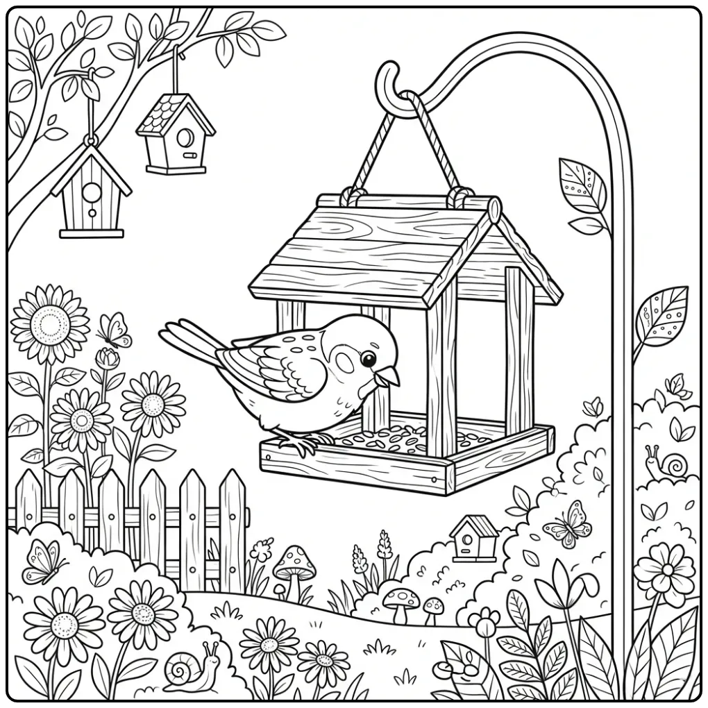 Vrolijke kleurplaat mus etend op een houten voederhuisje.