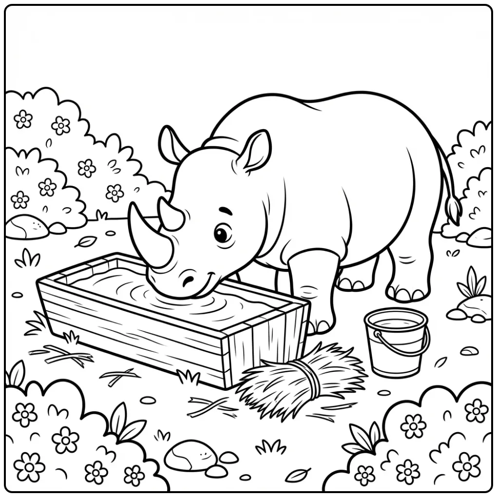 Leuke kleurplaat neushoorn drinkend uit een waterbak.