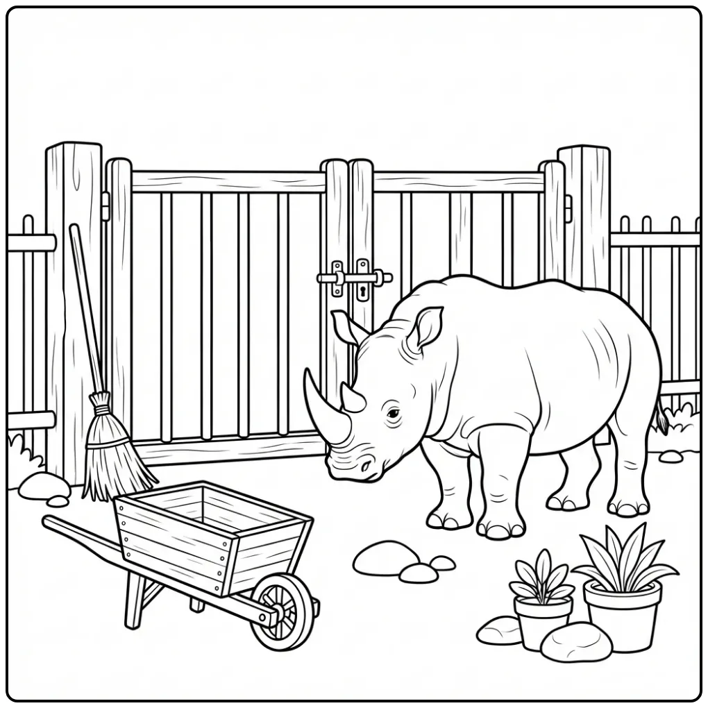 Leuke kleurplaat neushoorn bij het hek van de dierentuin.