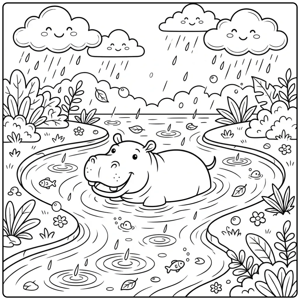 Schattige kleurplaat nijlpaard zwemmend in de zachte regen.