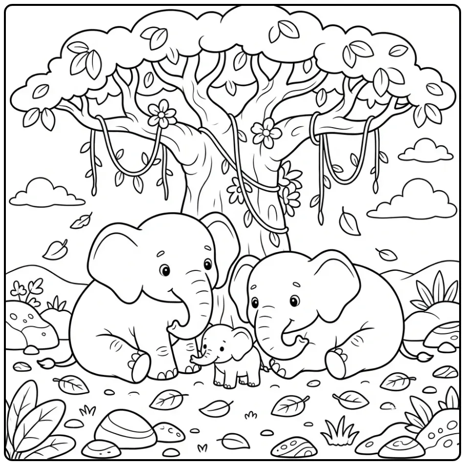 Mooie kleurplaat olifant familie rustend onder een baobab.