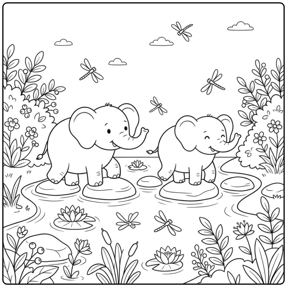 Kleurplaat olifant van twee olifanten in een rivier met stenen.