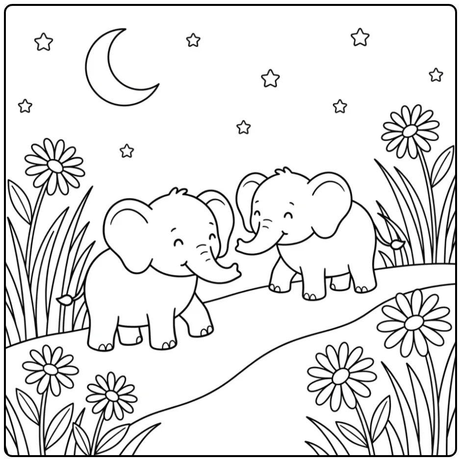 Schattige kleurplaat olifant met twee olifanten en de maan.