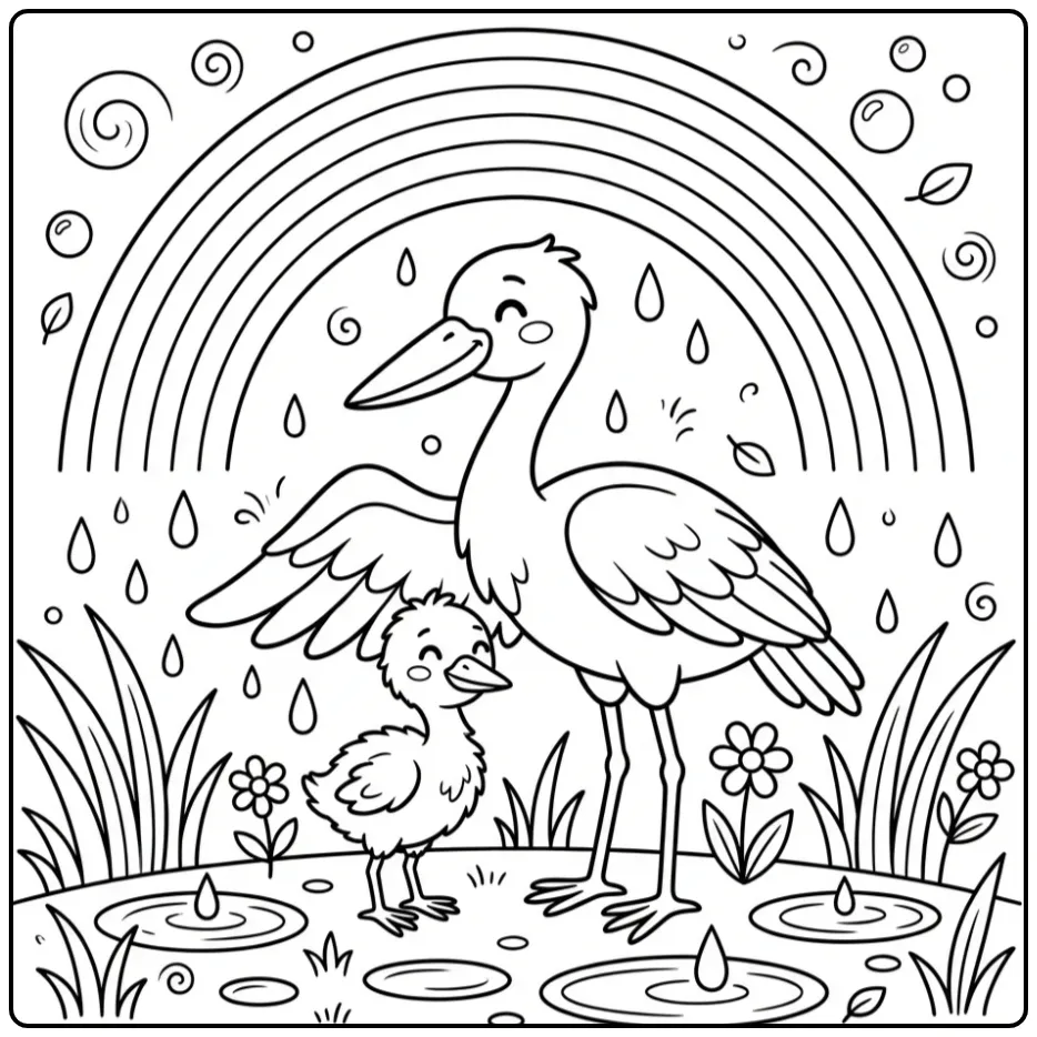 Schattige kleurplaat ooievaar met baby in de zachte regen.