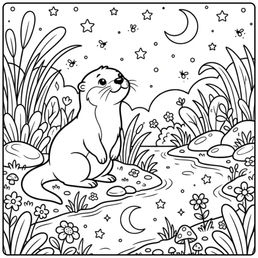 Schattige kleurplaat otter kijkt naar de sterren en maan.