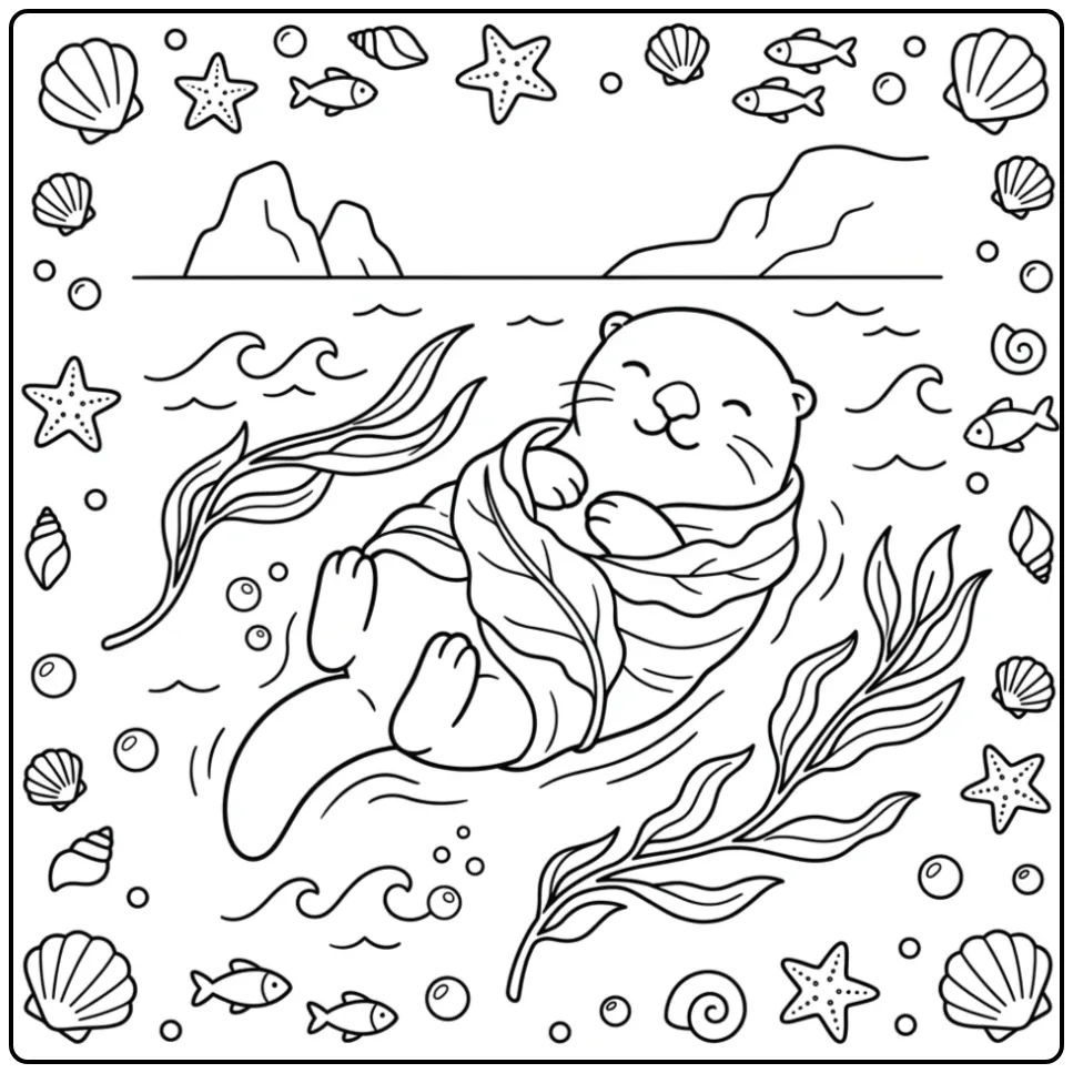 Schattige kleurplaat otter drijvend in kelp op zee.