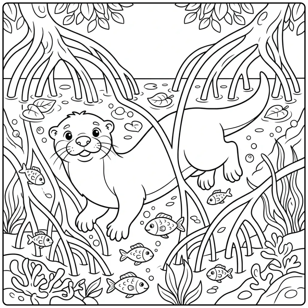 Een schattige kleurplaat otter zwemmend tussen mangrove wortels.