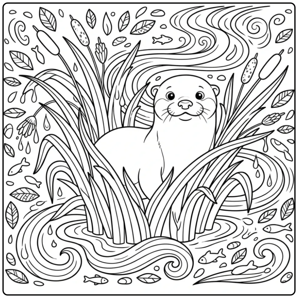 Schattige kleurplaat otter die nieuwsgierig uit het riet kijkt