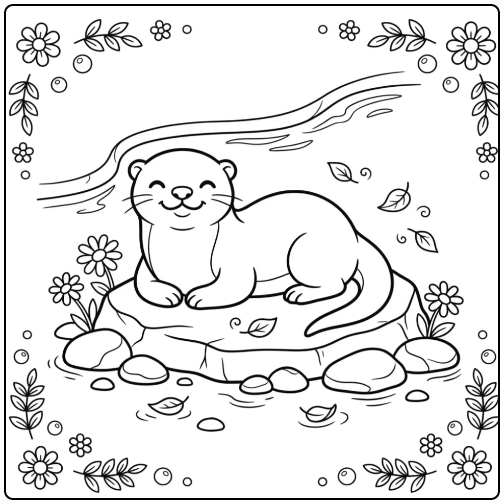 Schattige kleurplaat otter met bloemen op een platte steen.
