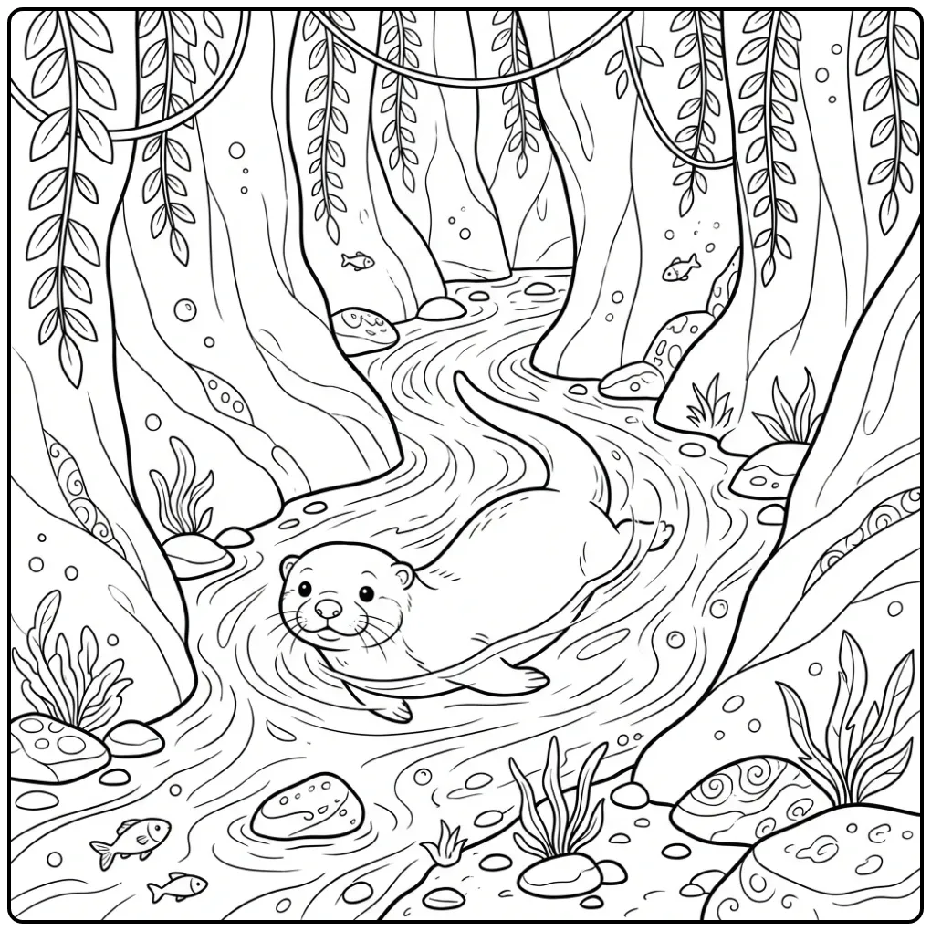 Schattige kleurplaat otter zwemmend tussen rotsen in een kloof