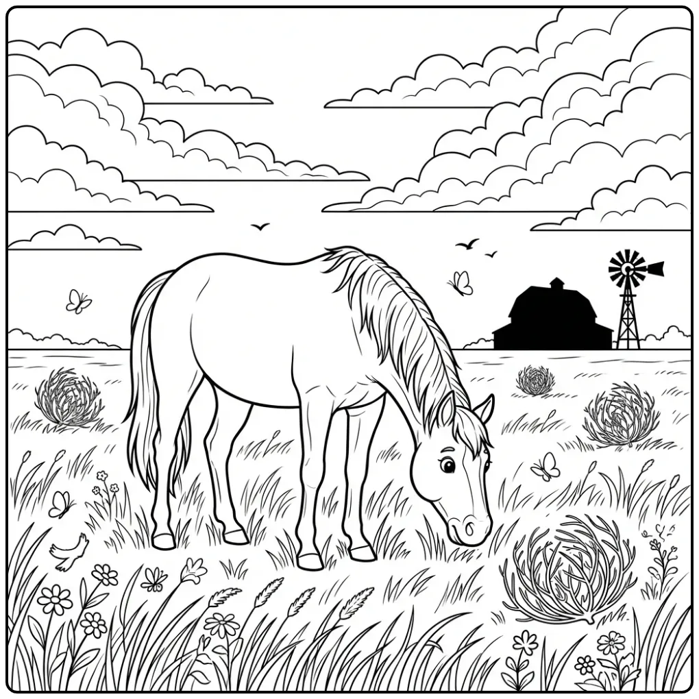 Leuke kleurplaat paard grazend in de wei met een molen.