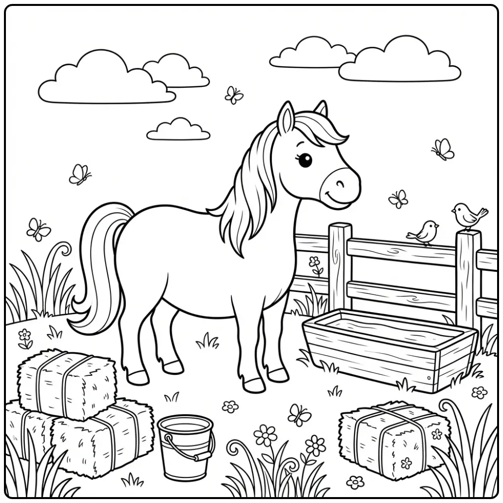 Schattige kleurplaat paard bij een hek met hooi.