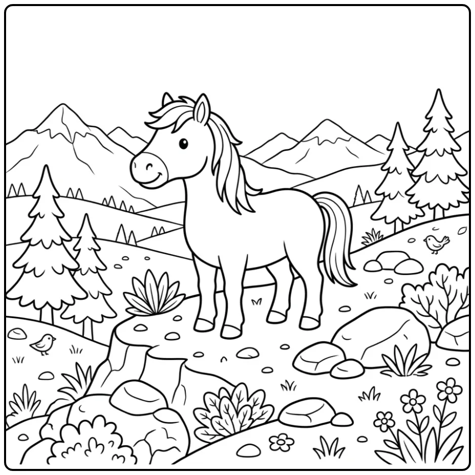 Een leuke kleurplaat paard op een rotsachtige heuvel.