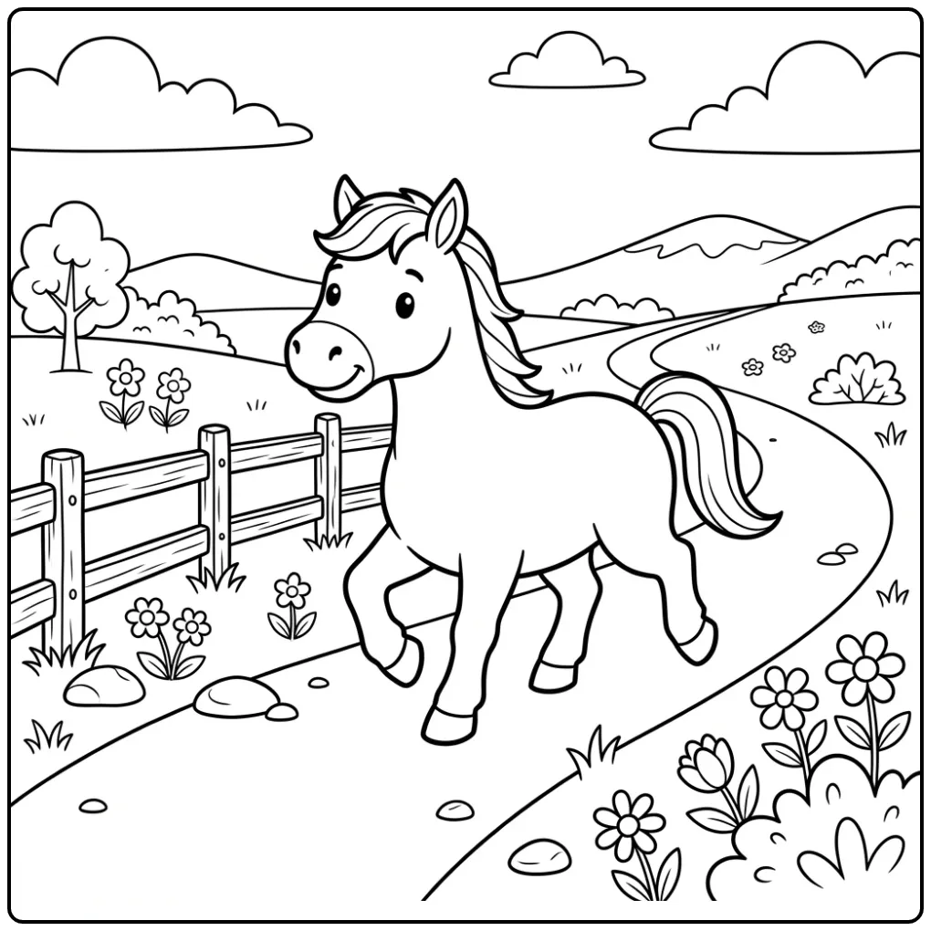 Een vrolijke kleurplaat paard dravend op een kronkelend pad.