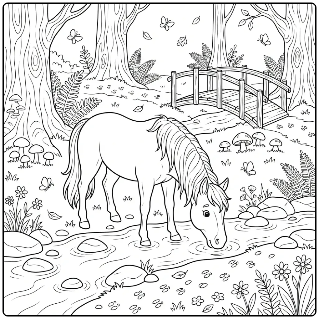 Schattige kleurplaat paard drinkend uit een beekje met brug.