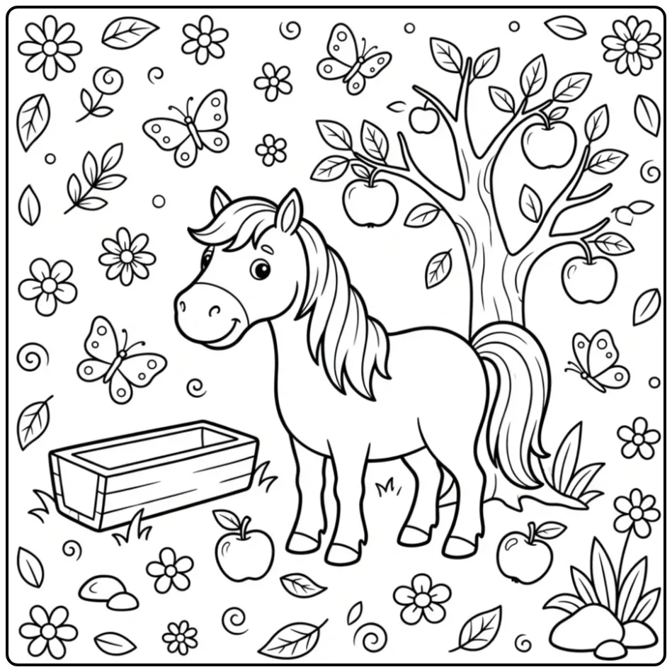 Leuke kleurplaat paard makkelijk met appels en vlinders.