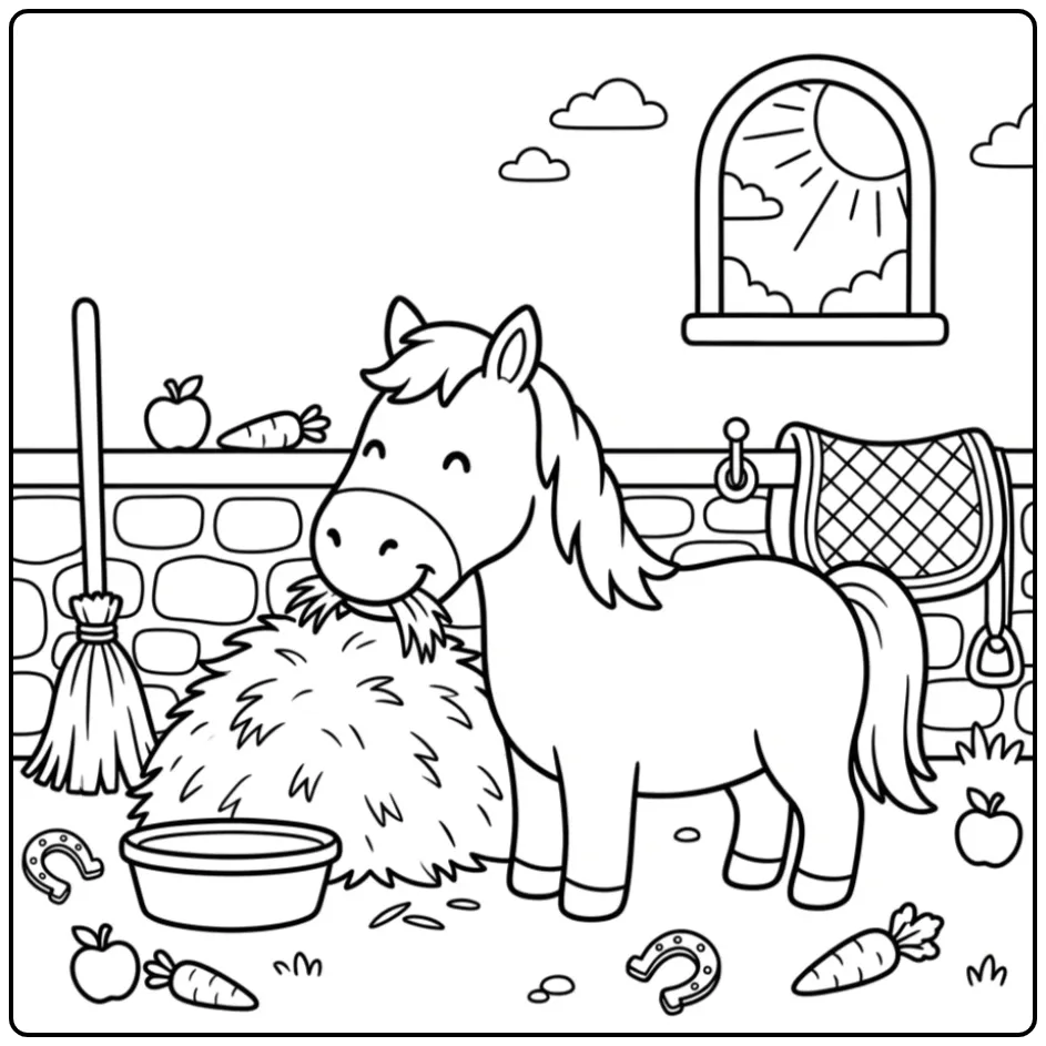 Een leuke kleurplaat paard makkelijk etend in de stal.