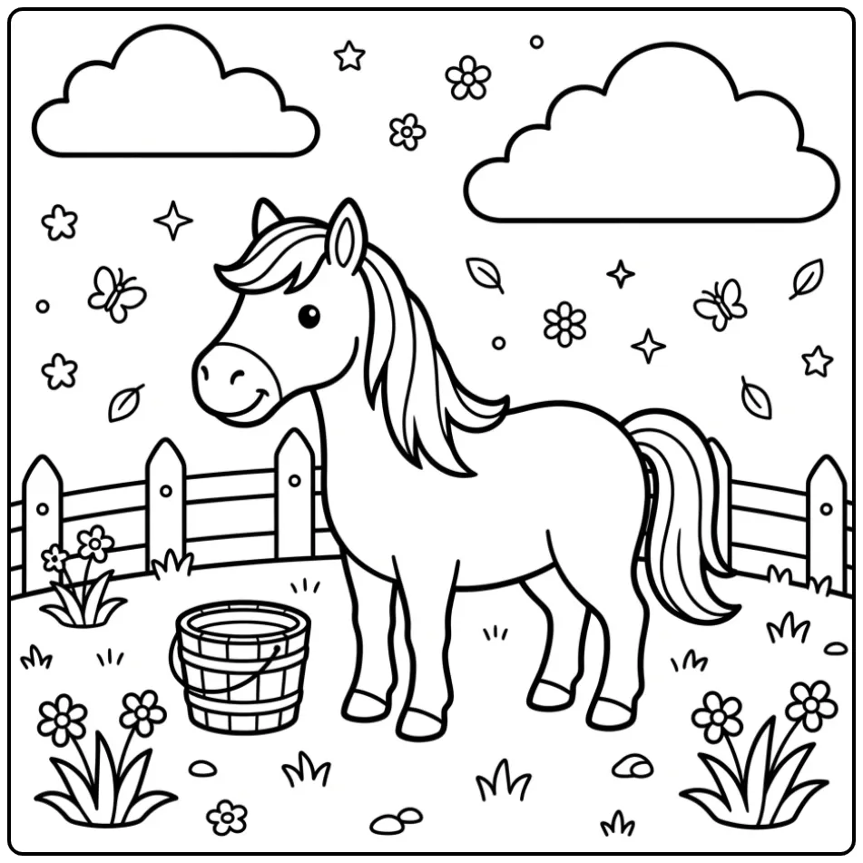 Leuke kleurplaat paard makkelijk in een wei met hek en wolken.