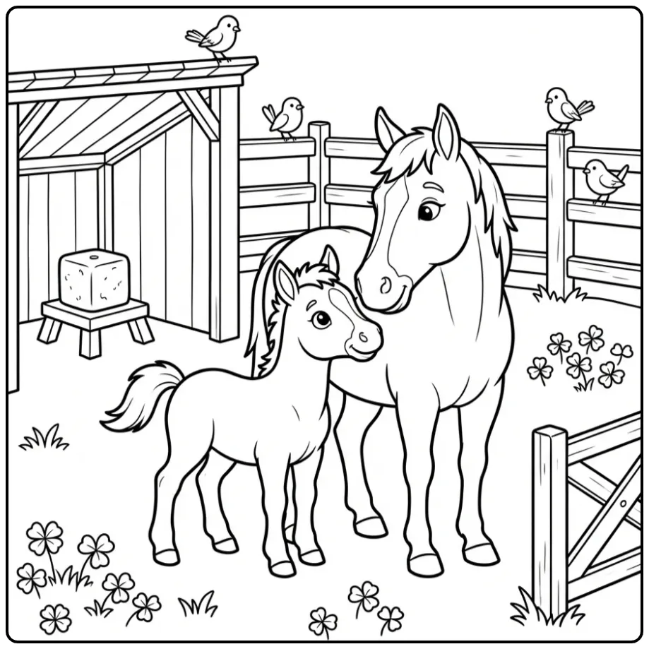 Schattige kleurplaat paard met veulen bij moeder in de wei.