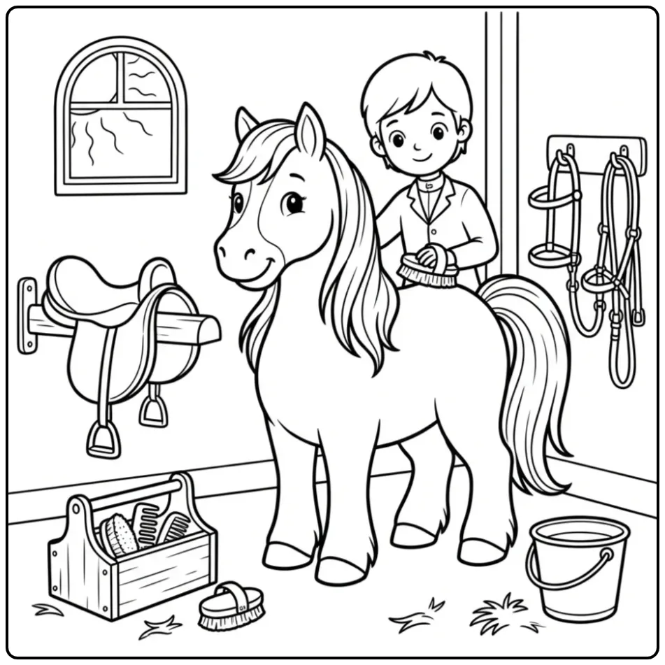 Schattige kleurplaat paard met ruiter in de stal verzorgen.