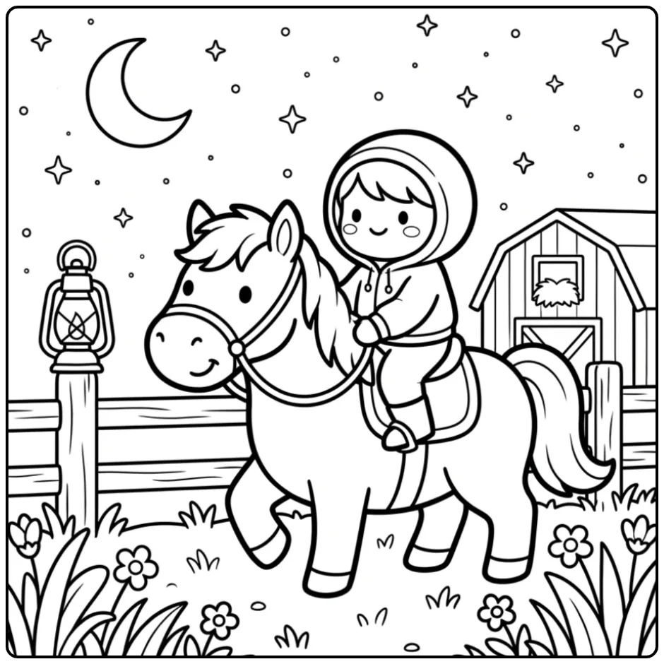 Schattige kleurplaat paard met ruiter in de nacht onder de maan