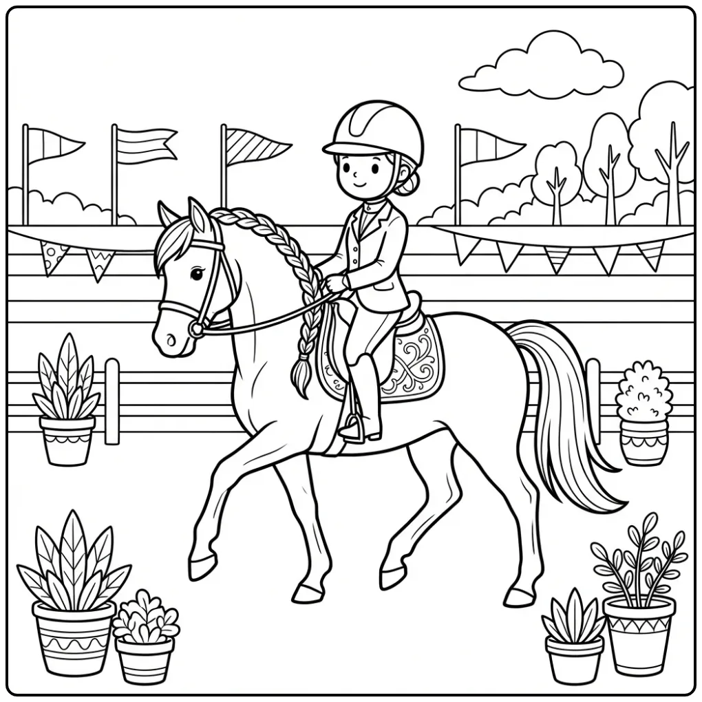 Gedetailleerde kleurplaat paard met ruiter moeilijk dressuur