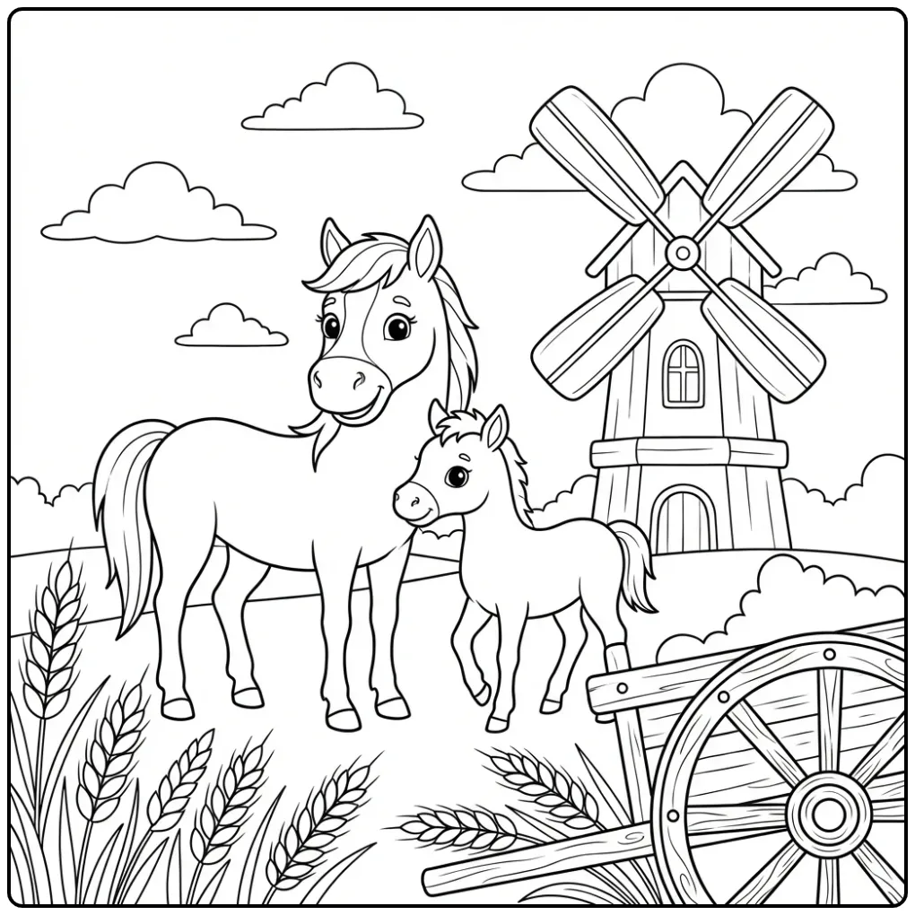 Een schattige kleurplaat paard met veulen in het graanveld