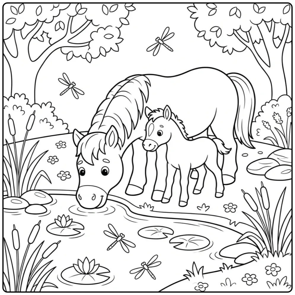 Een schattige kleurplaat paard met veulen in de natuur.