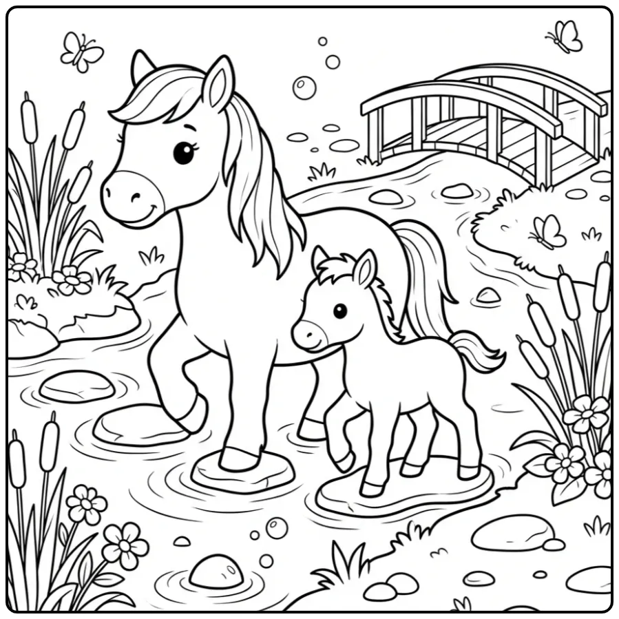Schattige kleurplaat paard met veulen bij een beekje.