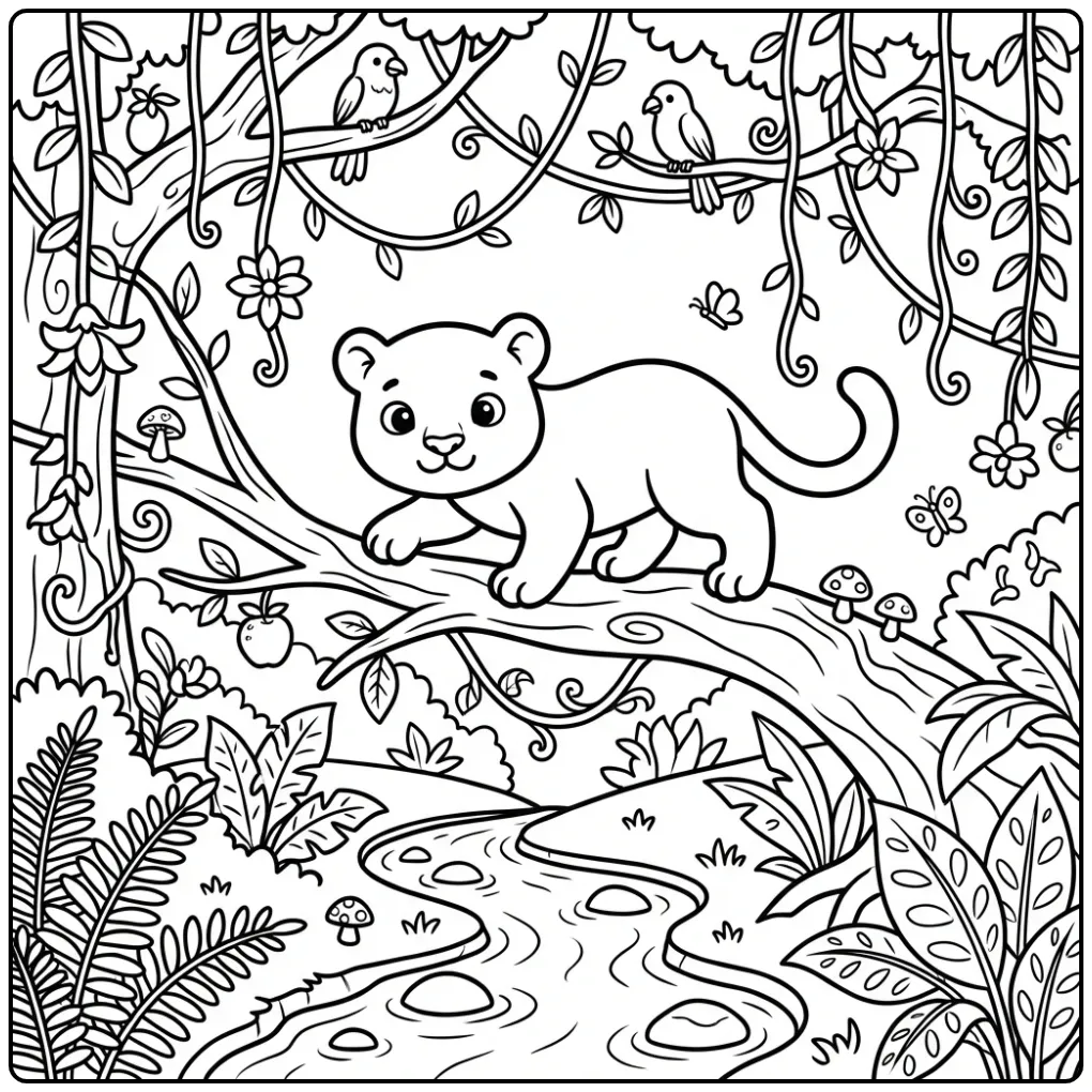 Schattige kleurplaat panter zittend op een tak in de jungle.