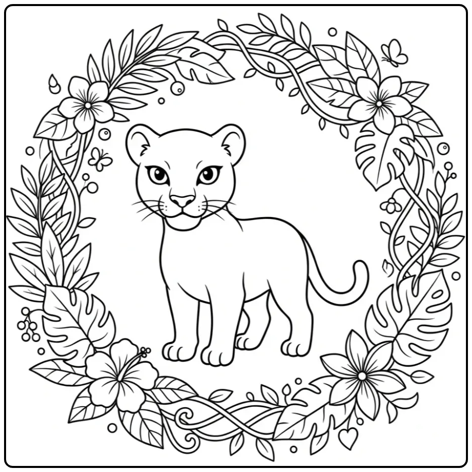 Schattige kleurplaat panter met jungle bladeren krans.