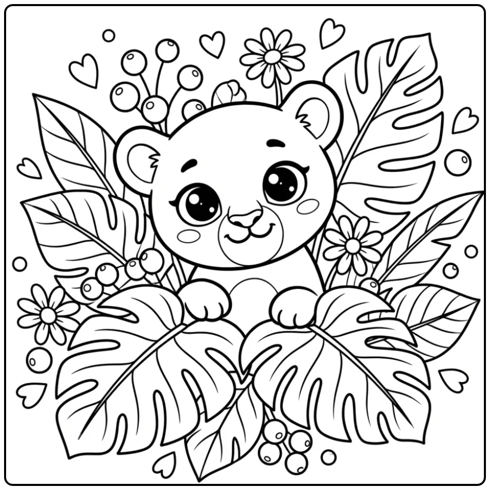 Een lieve kleurplaat panter schattig met tropische bladeren.