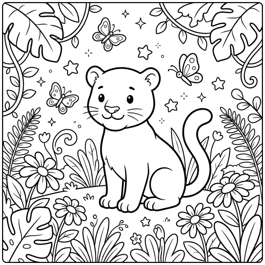 Een vrolijke kleurplaat panter schattig tussen de bloemen.