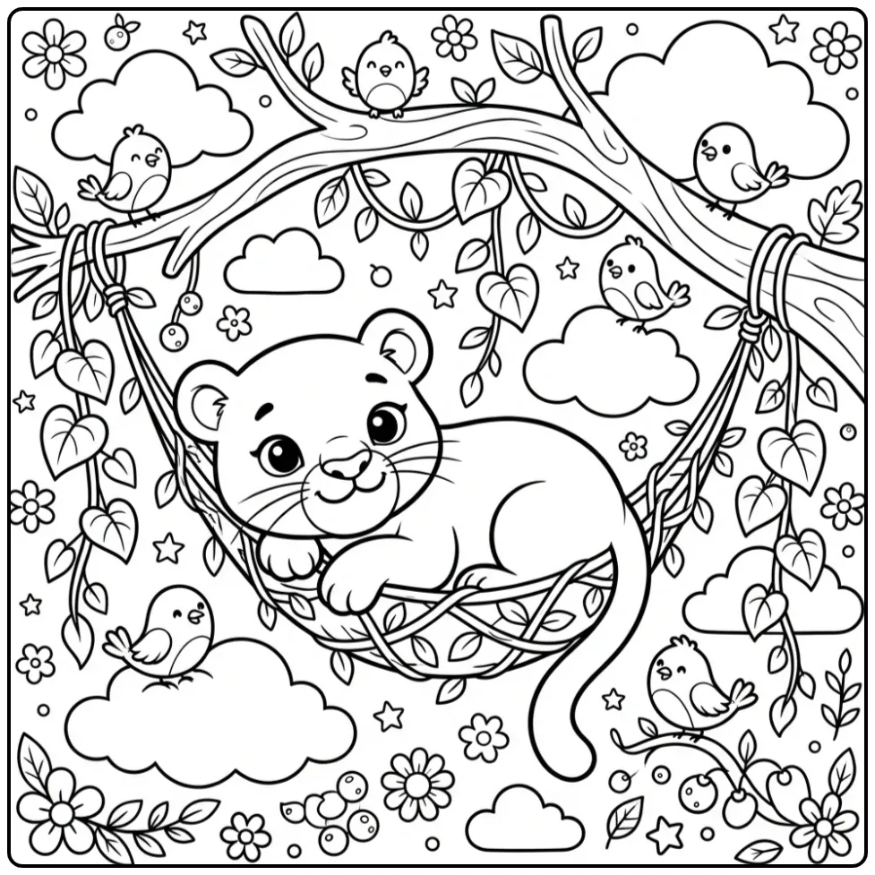 Lieve kleurplaat panter schattig tussen vogels