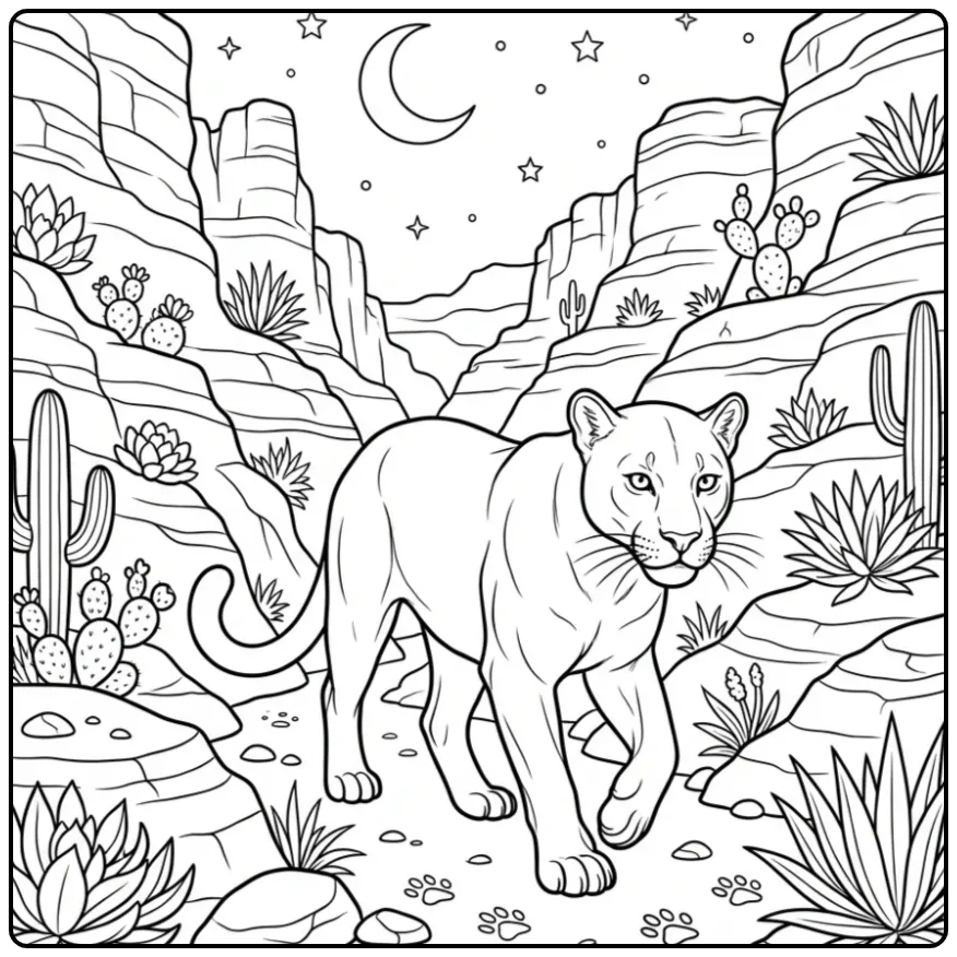Schattige kleurplaat panter in een canyon met de maan.