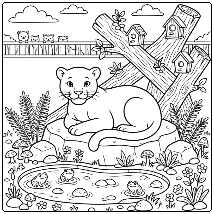 Leuke kleurplaat panter in een dierentuinverblijf met rotsen.