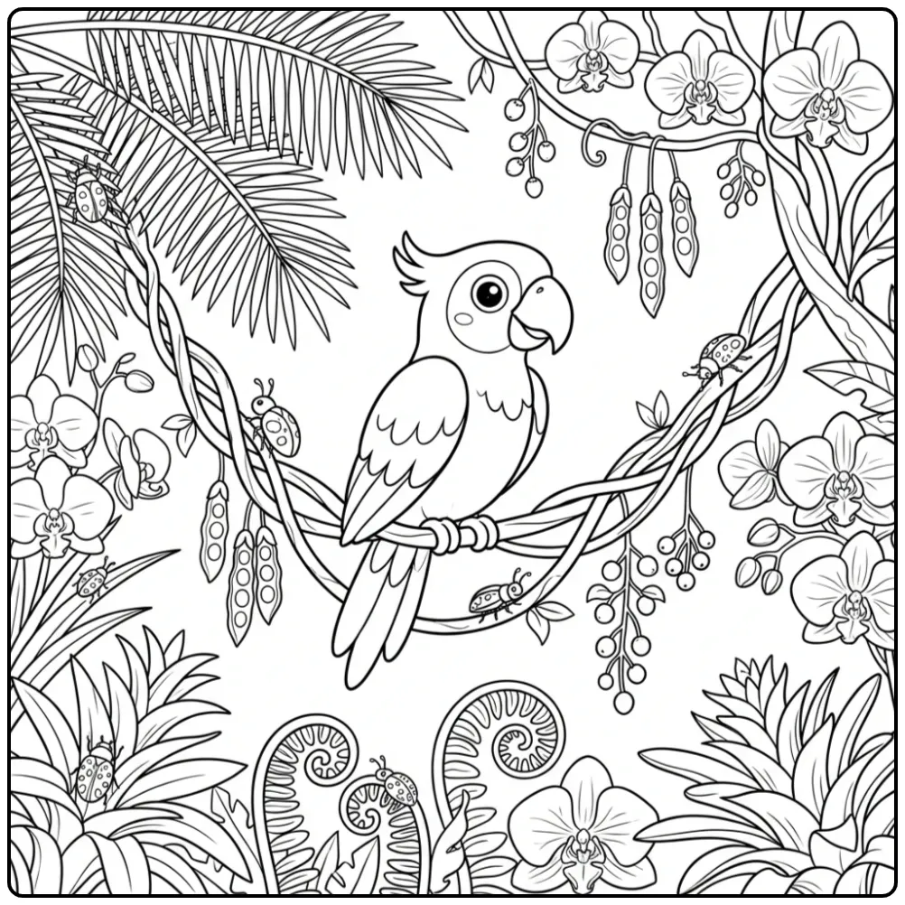 Zwart-wit kleurplaat papegaai moeilijk tussen lianen.