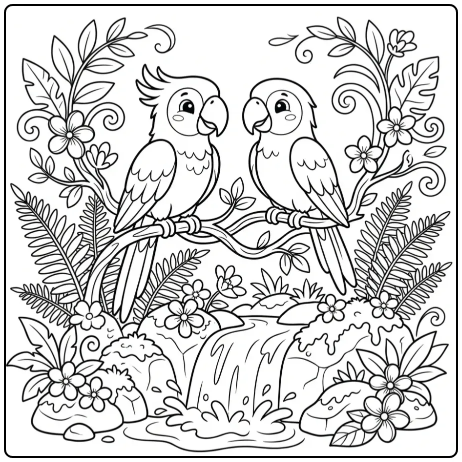 Gedetailleerde kleurplaat papegaai moeilijk in de jungle.