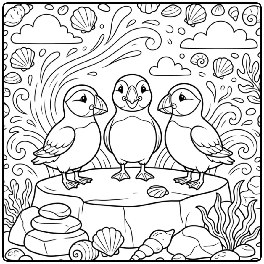 Schattige kleurplaat papegaaiduiker met drie vogels op een rots.