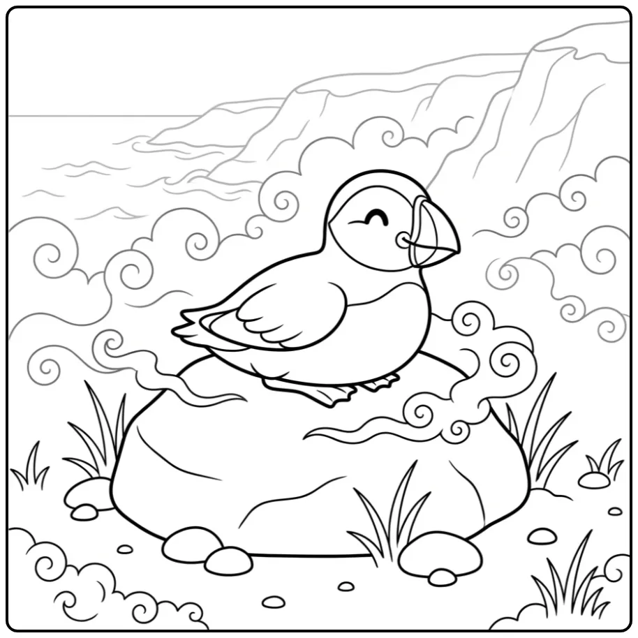 Schattige kleurplaat papegaaiduiker op een rots in de mist.