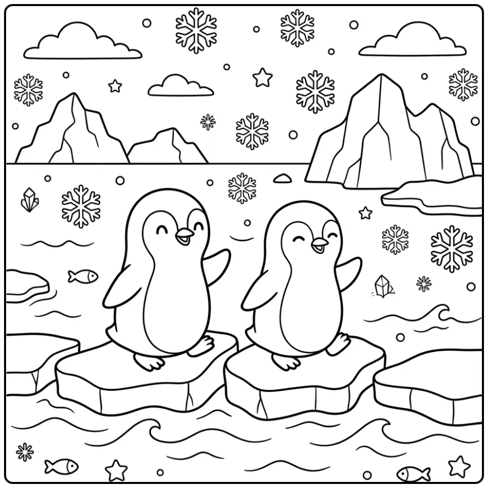 Schattige kleurplaat pinguin die over ijsblokken loopt.