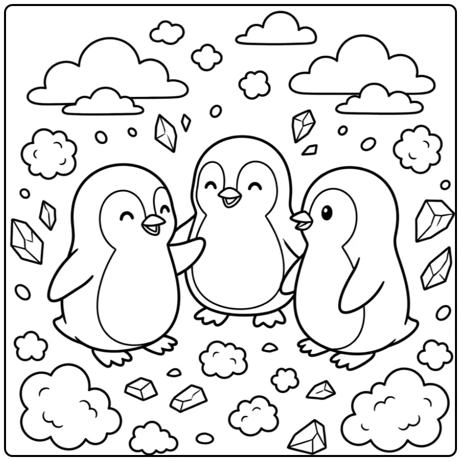 Schattige kleurplaat pinguin met drie pratende vrienden.