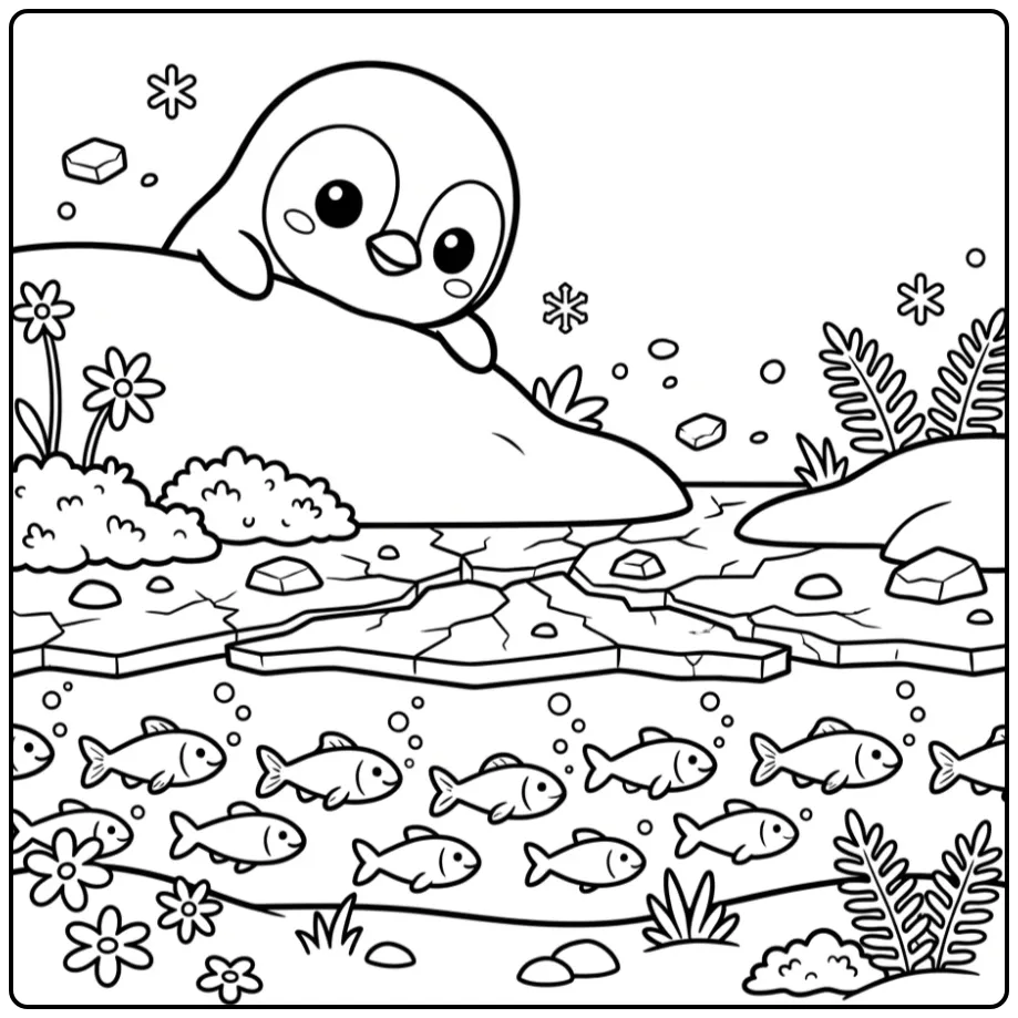 Een schattige kleurplaat pinguin kijkt naar vissen onder ijs.