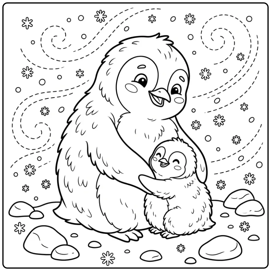 Schattige kleurplaat pinguin kuiken bij ouder in de sneeuw.