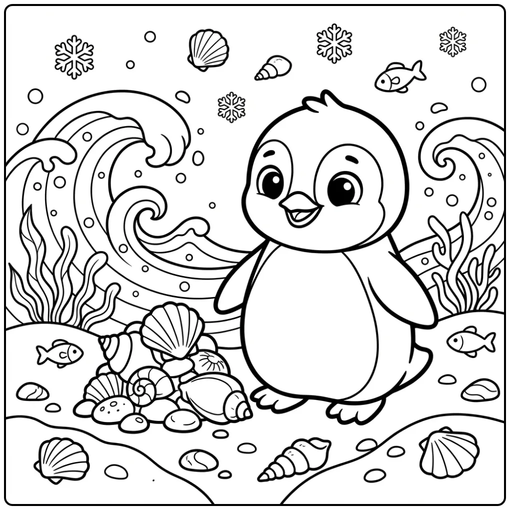 Schattige kleurplaat pinguin met schelpen op het strand.