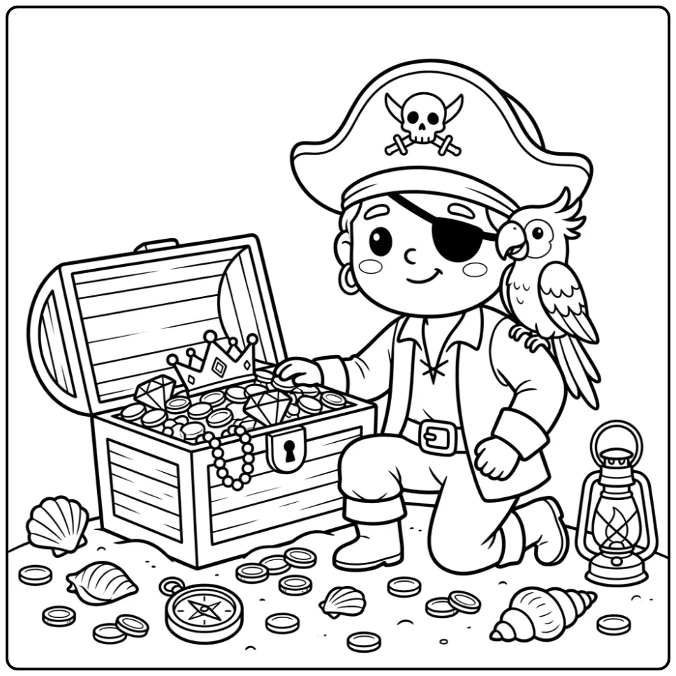 Leuke kleurplaat piraat met papegaai en volle schatkist.