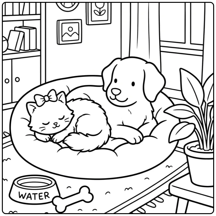 Schattige kleurplaat poes en hond samen in mandje.