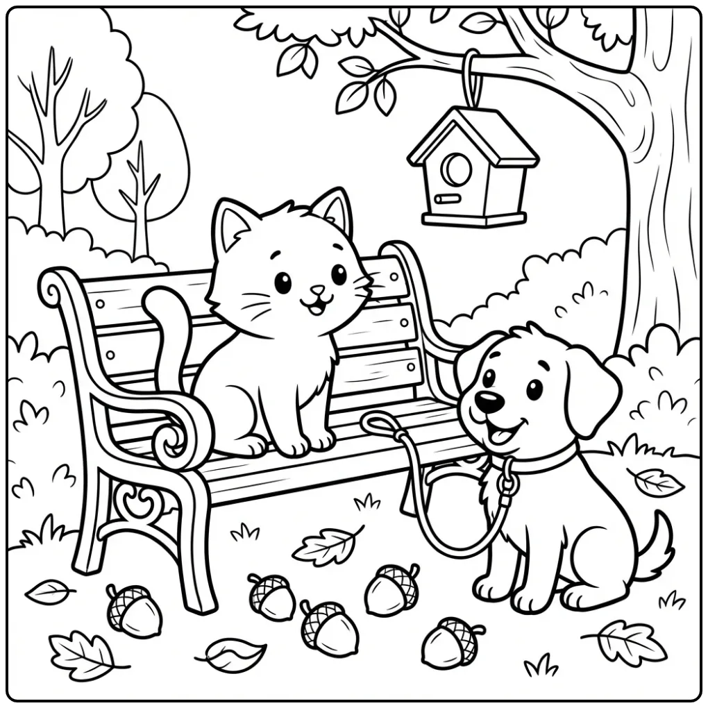 Schattige kleurplaat poes en hond bij een bankje in het park.