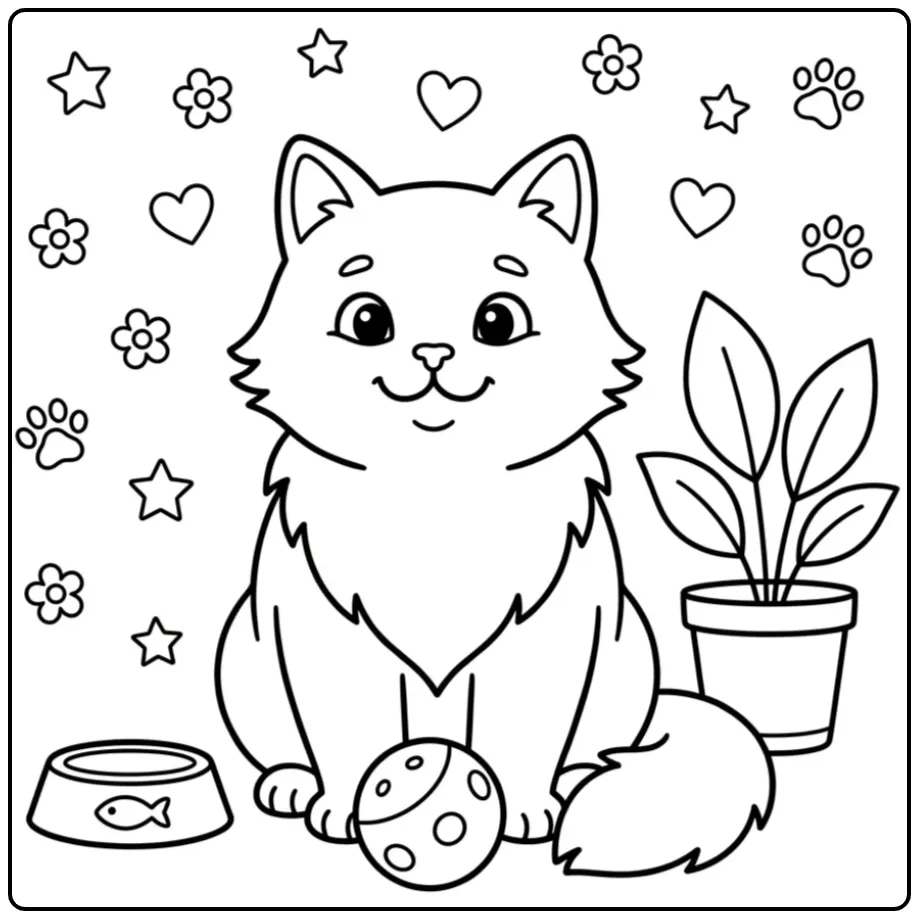 Leuke kleurplaat poes makkelijk zittend bij een speelbal.